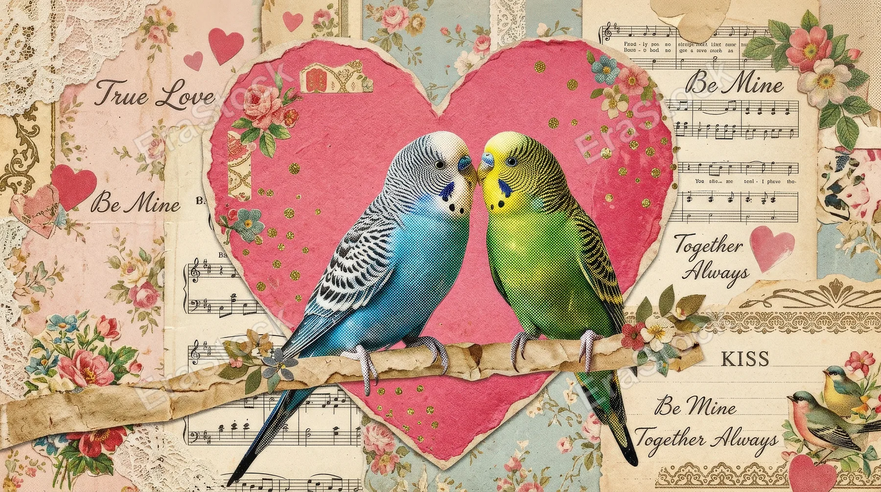 Two budgie parrots kissing in front of a pink heart, romantic retro collage styling, gentle halftone texture, sweet affectionate Valentine mood, ultra-realistic, no logos.