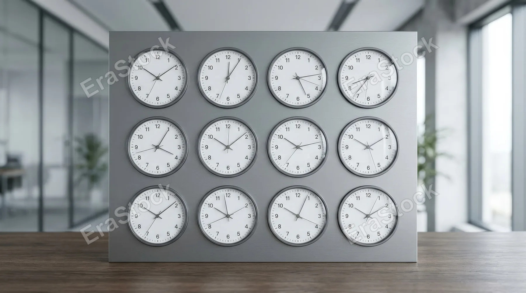A set of thin-line clock icons with precise hands and circular faces, organized timekeeping concept, crisp modern atmosphere, ultra-realistic, no logos.