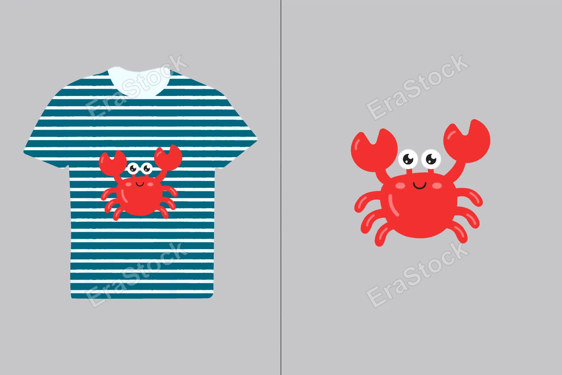 A playful red crab graphic is featured on a navy and white striped t-shirt, perfect for summer apparel