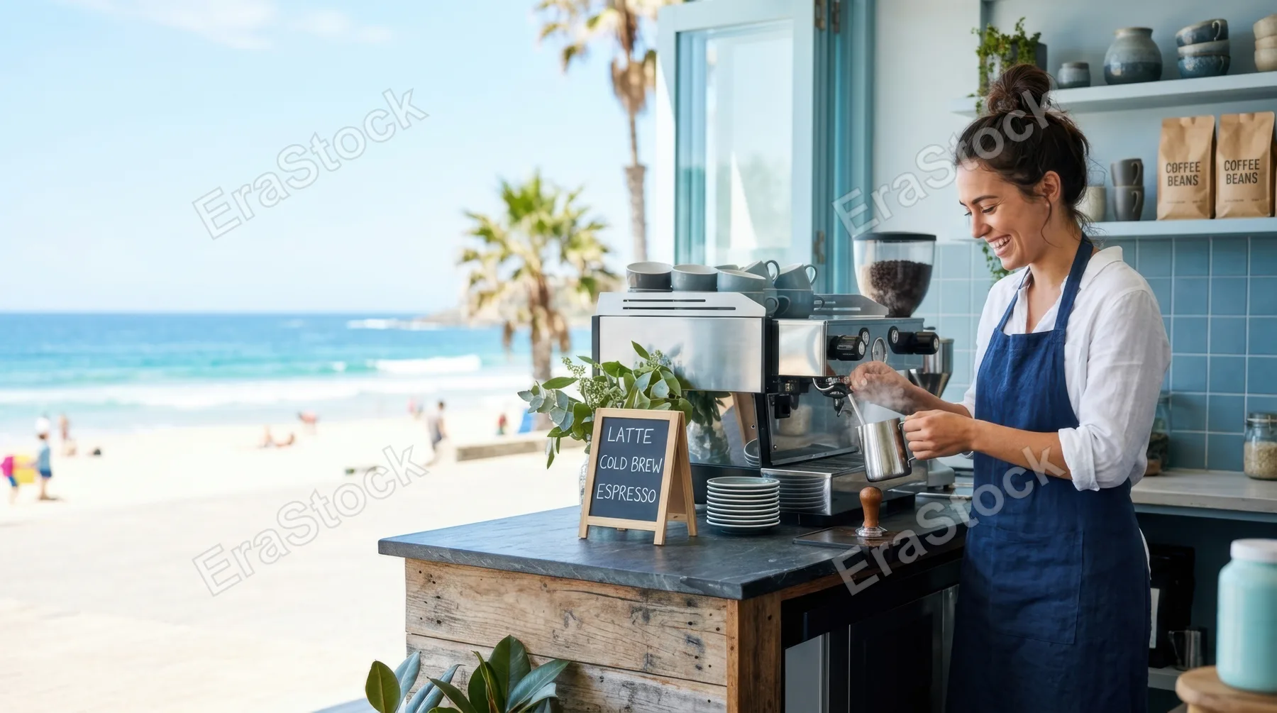 a graphic commercial composition highlighting the barista at work, framed with ample negative space for text overlay. the vibrant urban slate and cool blue tones dominate