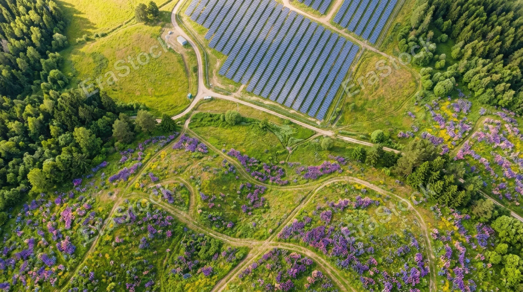 an overhead angle of the vibrant lupine field showing the vivid purple and pink flowers interspersed with patches of grass and wildflowers below. the solar panels in the