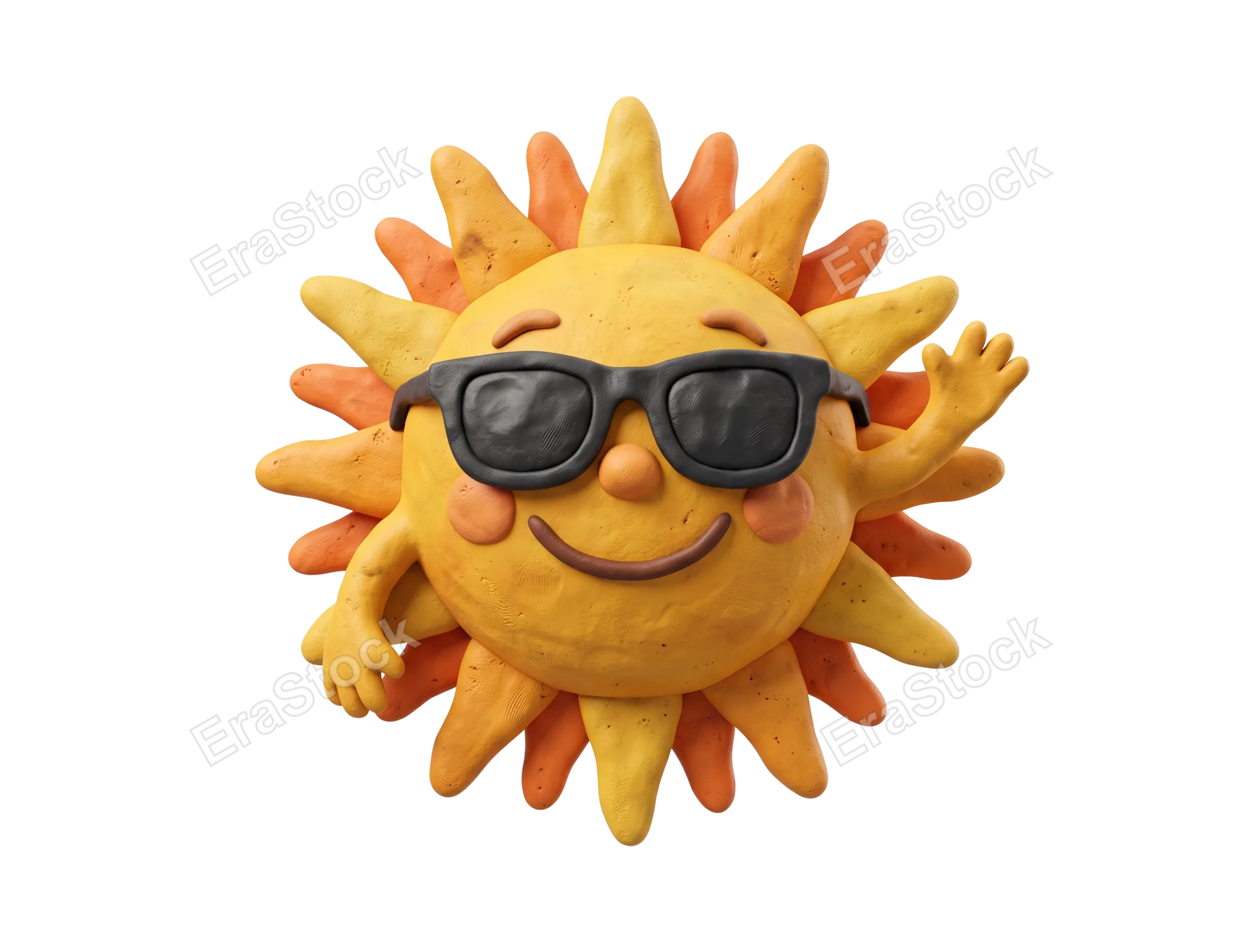 A cheerful, handmade sun character crafted from clay, sporting dark sunglasses and a friendly wave, perfect for summer themes