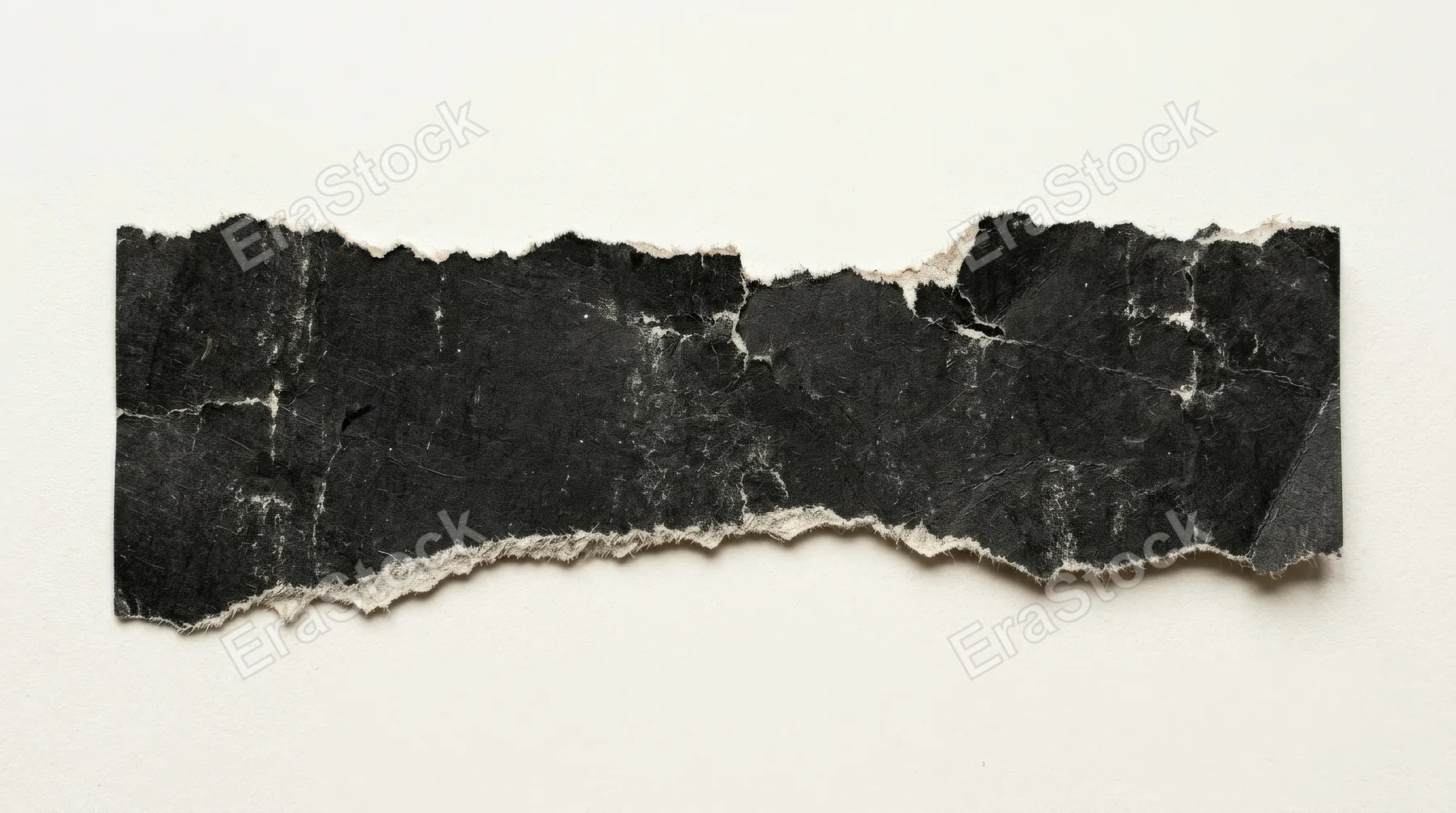 A strip of torn black paper with rough rip edges and worn texture, jagged collage silhouette on clean background, raw grunge label atmosphere, ultra-realistic, no logos.
