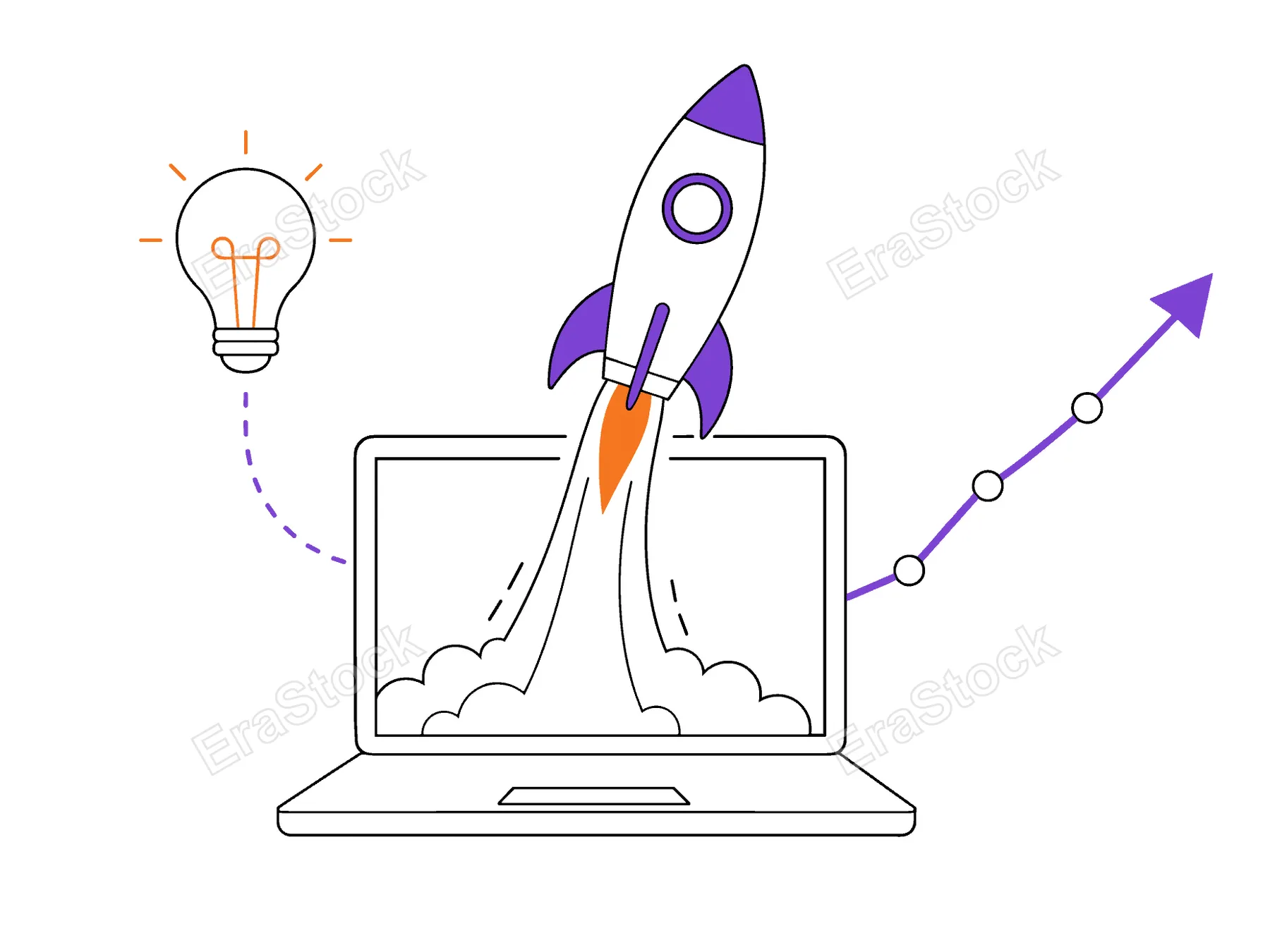 A stylized illustration depicts a rocket emerging from a laptop screen, symbolizing a new venture, with an idea lightbulb and upward trending graph