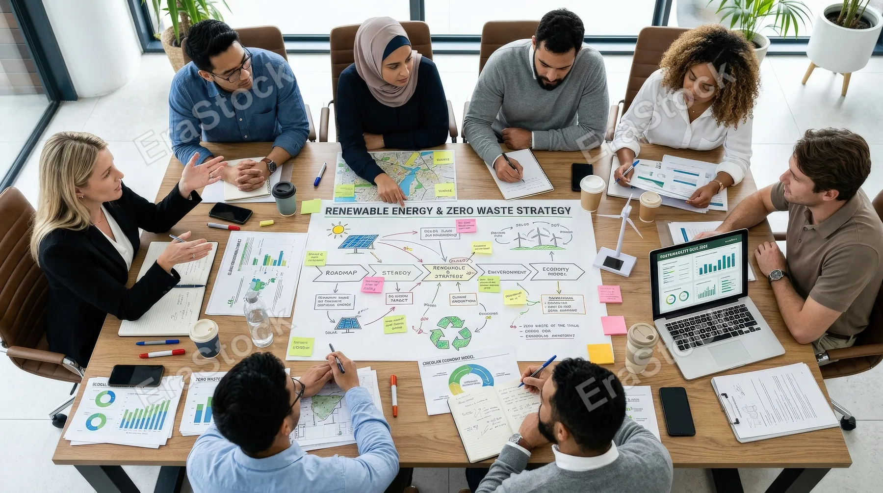 Top-down view of a business team discussing renewable energy and zero waste strategy around a table with a laptop, documents spread out, dynamic planning atmosphere, ultra-realistic, no logos.