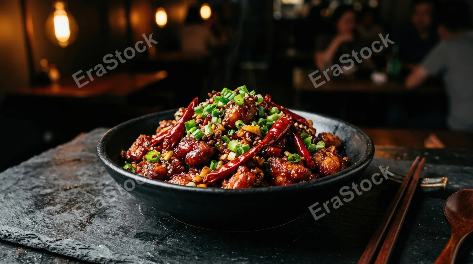 A spicy chili chicken dish with dried red peppers and green onions in a black bowl on a dark textured surface, glossy sauce, dramatic contrast, rich savory mood, moody restaurant lighting,