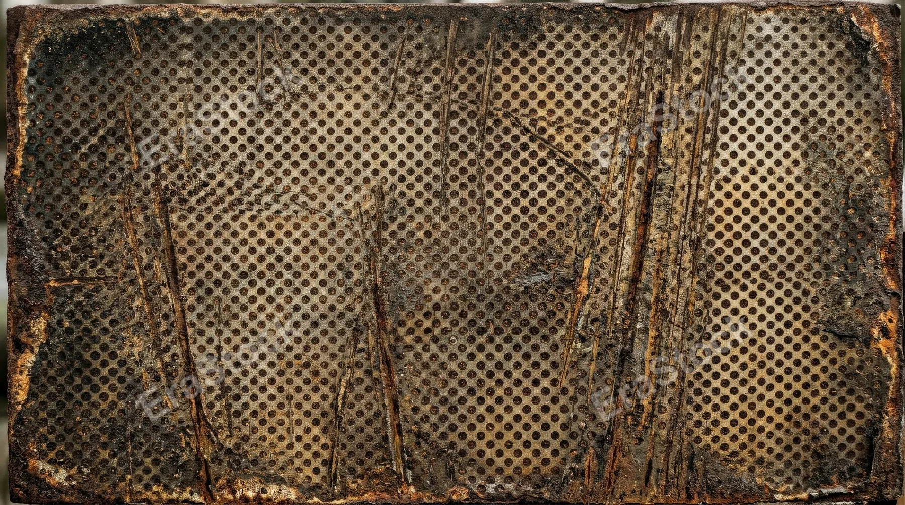 A streaky rusty metal halftone texture with aged linear wear, oxidized detail and industrial character, ultra-realistic, no logos.