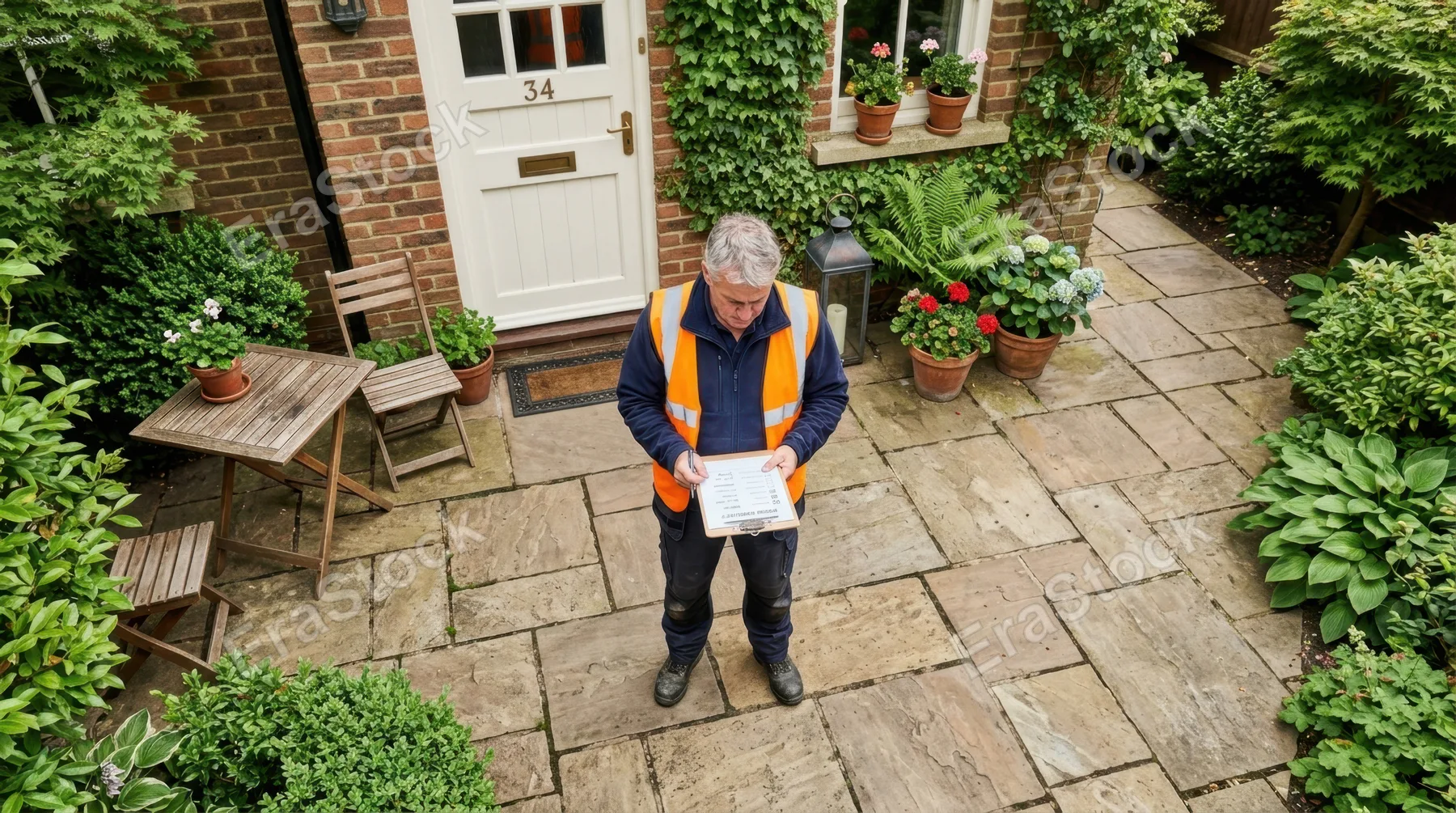 an overhead view of the 55-year-old caucasian male builder standing on the patio, clipboard prominently displayed with the entry door and the surrounding cozy environment