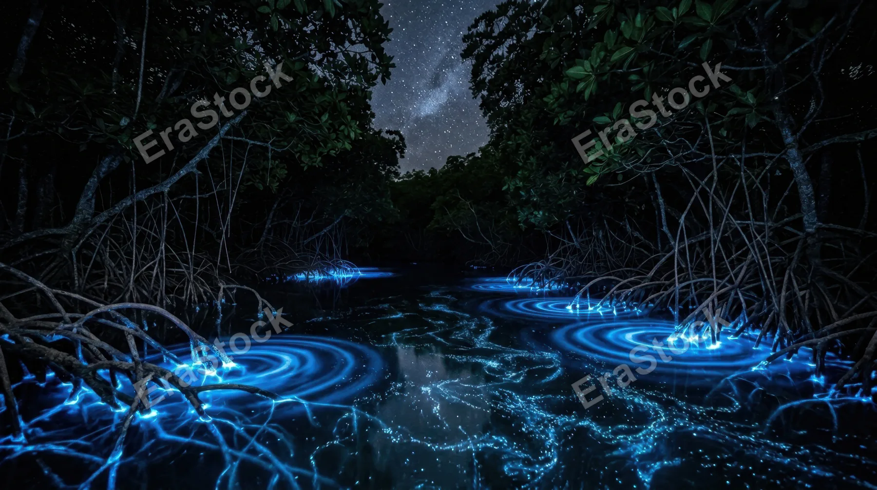 A dense bioluminescent mangrove forest at night, tangled aerial roots glowing electric blue where they meet the water surface, the glow pulsing outward in rings disrupted