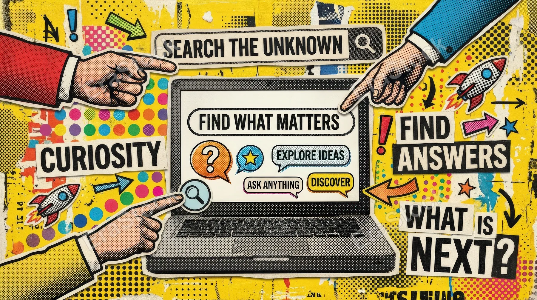 A trendy search-themed pop-art collage with a halftone laptop, search bar and pointing hands on a textured yellow background, bold mixed-media digital curiosity, ultra-realistic, no logos.