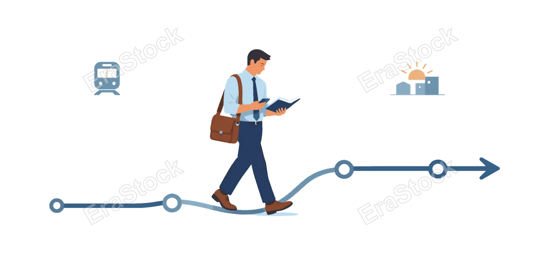 A professional commuting to work during morning hours using public transportation, standing calmly while reviewing daily plans and preparing mentally for the day ahead,