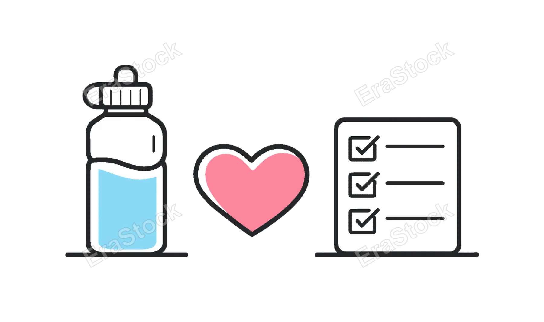 Healthy daily habits and balanced lifestyle routines supporting personal wellbeing, a simple water bottle beside a small heart and a checkmark list forming a clean visual metaphor