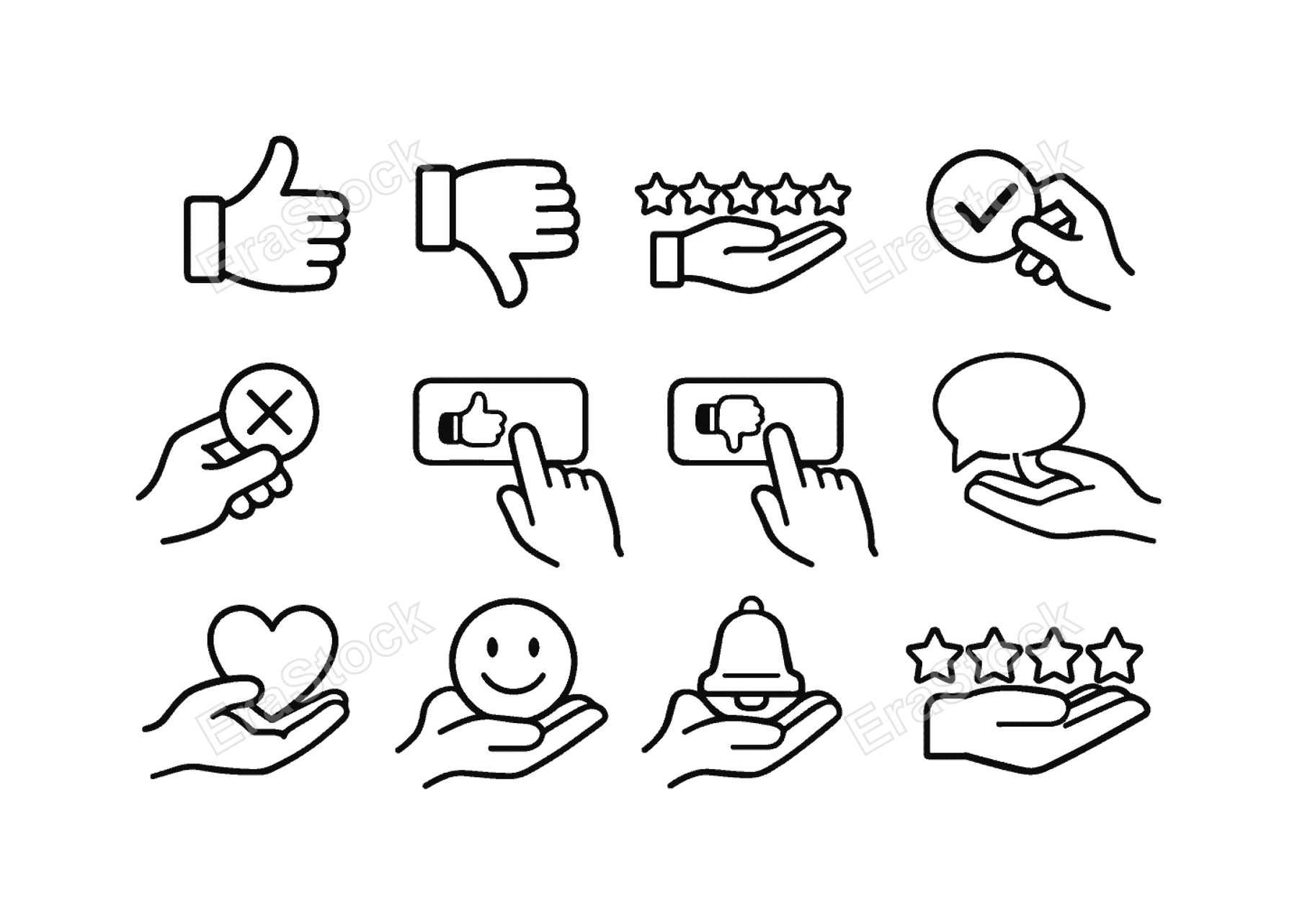 Thumbs rating feedback: thumbs up hand, thumbs down hand, hand with star rating, hand with checkmark, hand with cross mark, hand pressing like button, hand pressing dislike button