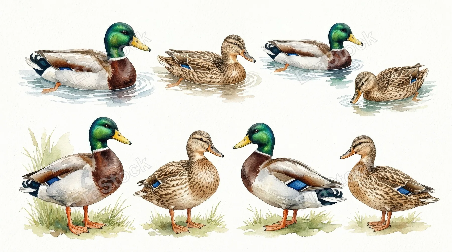 A watercolor ducks set with mallards in standing and swimming poses on white, natural bird detail with soft storybook charm, ultra-realistic, no logos.