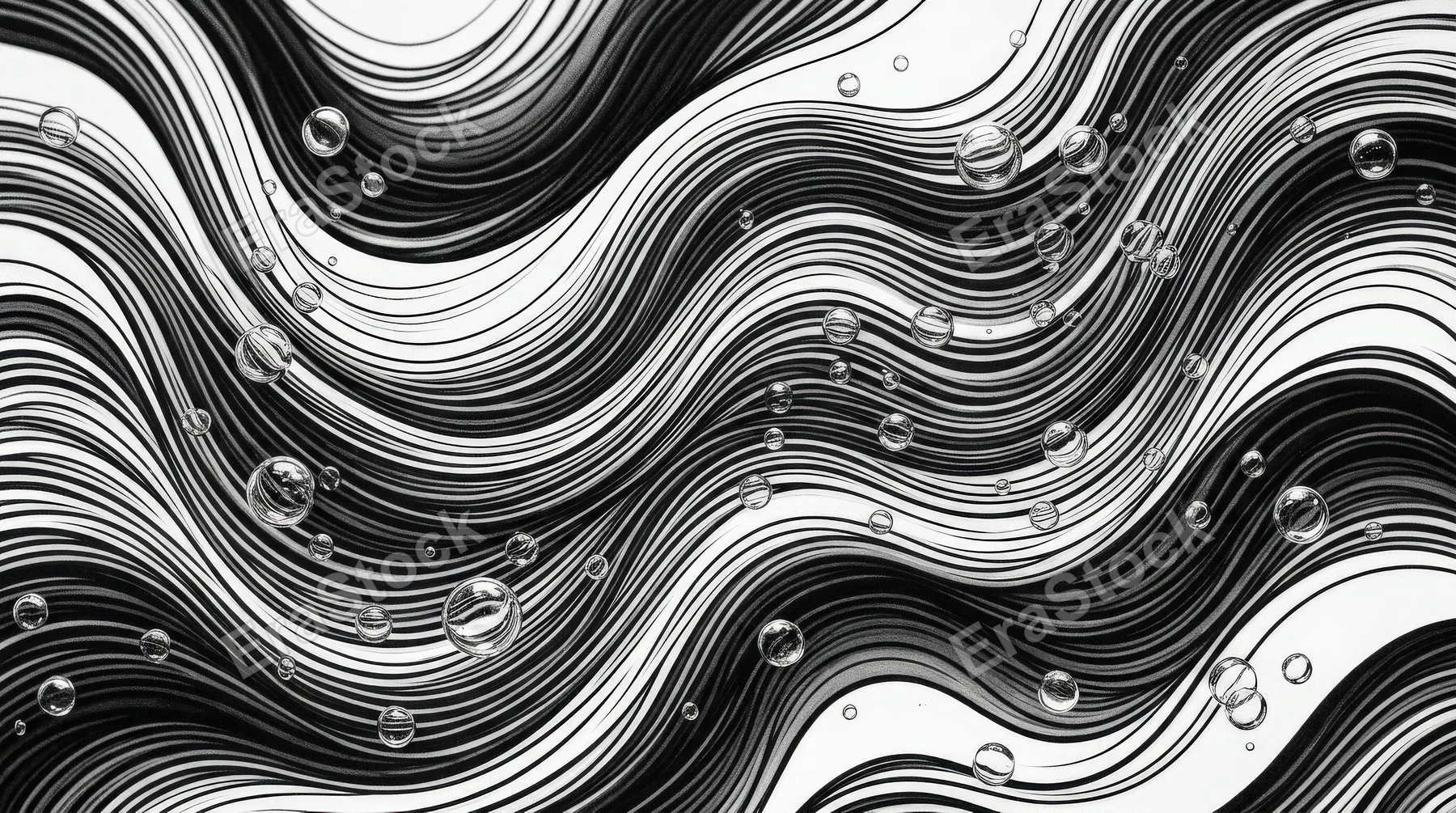 A black and white abstract wave pattern accented with floating bubbles, crisp contrast, fluid rhythm and refined modern style, ultra-realistic, no logos.