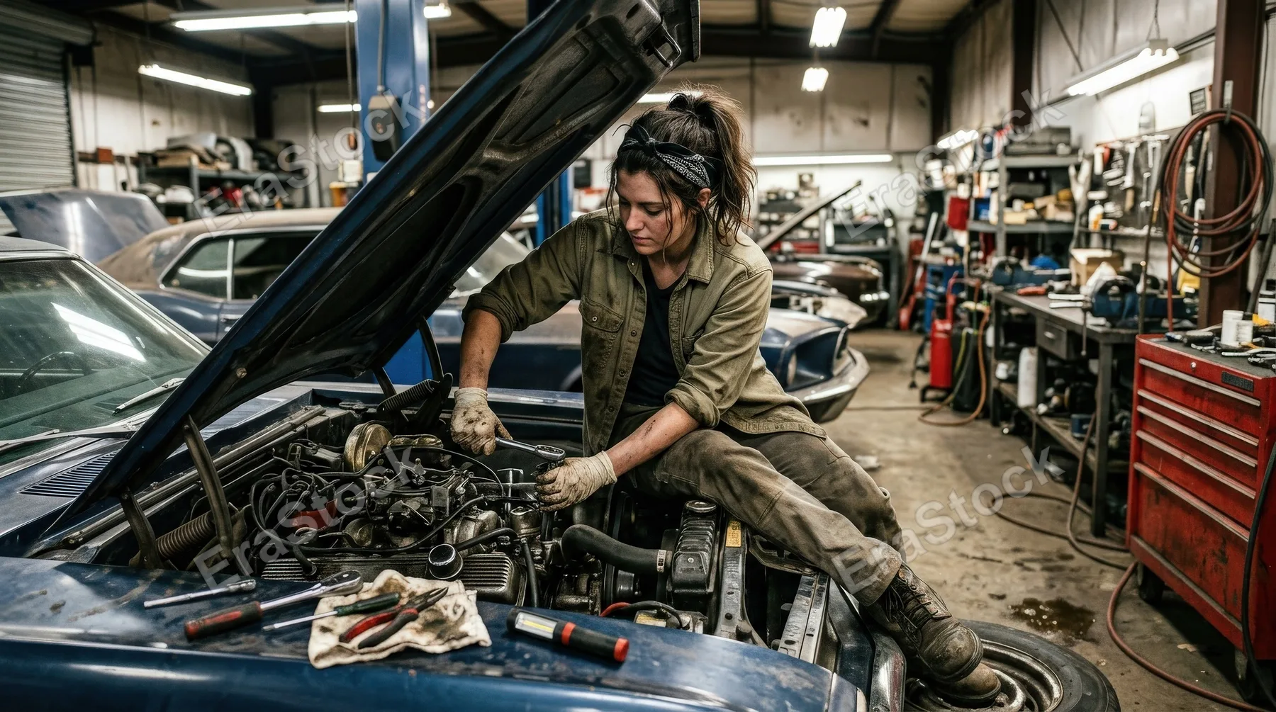 A female mechanic sitting on a car hood while leaning into repairs in a workshop, grease-streaked tools, industrial lighting and confident hands-on atmosphere, ultra-realistic, no logos.