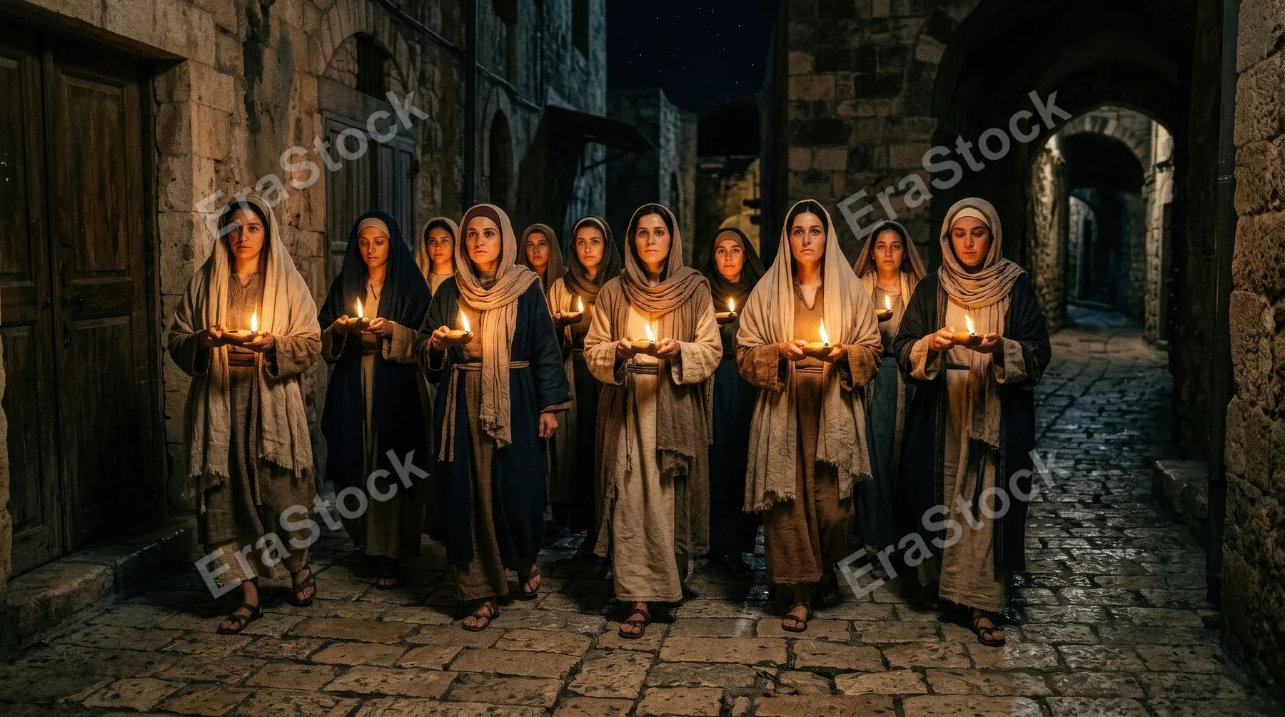 A group of women holding burning oil lamps in a night street, biblical parable of the ten virgins, ancient robes, flickering firelight, solemn spiritual anticipation atmosphere, ultra-realistic, no