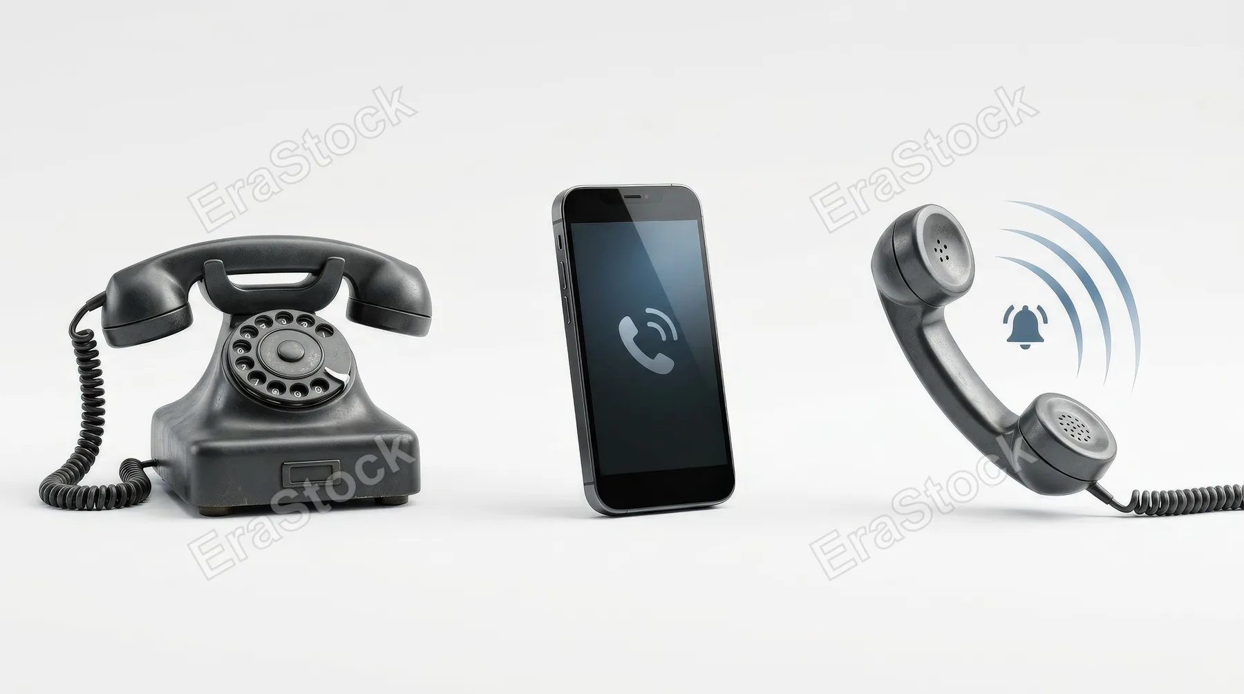A phone icon set for contact us symbols with telephone, ringing handset, and mobile pictograms, clean white background, clear communication mood, ultra-realistic, no logos.