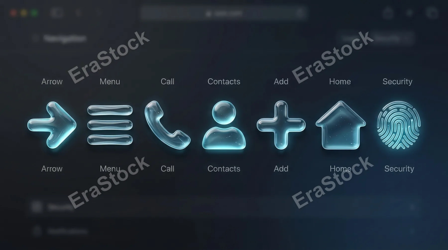 A liquid-glass icon collection with arrow, menu, call, contact, plus, home, and fingerprint symbols, crisp translucent styling, clean app navigation mood, ultra-realistic, no logos.
