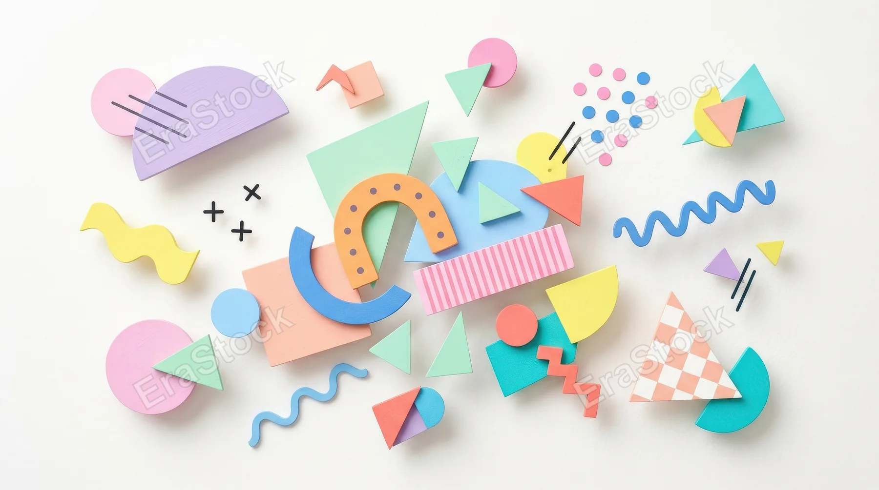 An abstract colorful art background with floating pastel geometric forms on white, playful Memphis-inspired composition, light creative atmosphere, ultra-realistic, no logos.