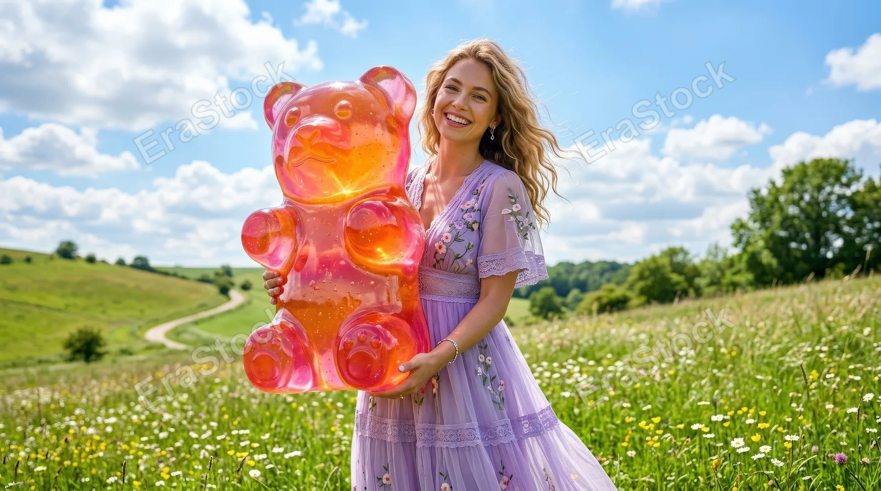 A woman in a lavender dress holding a giant translucent gummy bear beneath a bright sky, glossy candy texture and whimsical fashion fantasy, ultra-realistic, no logos.