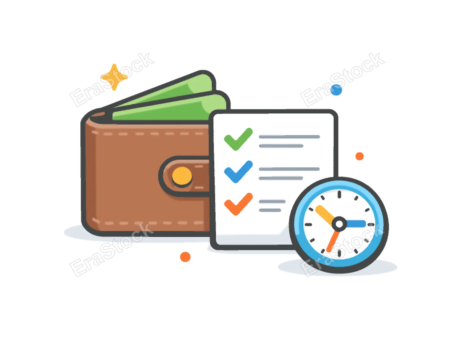 Financial loan administration and debt management supporting users in maintaining organized records and meeting obligations over time, a wallet combined with a checklist