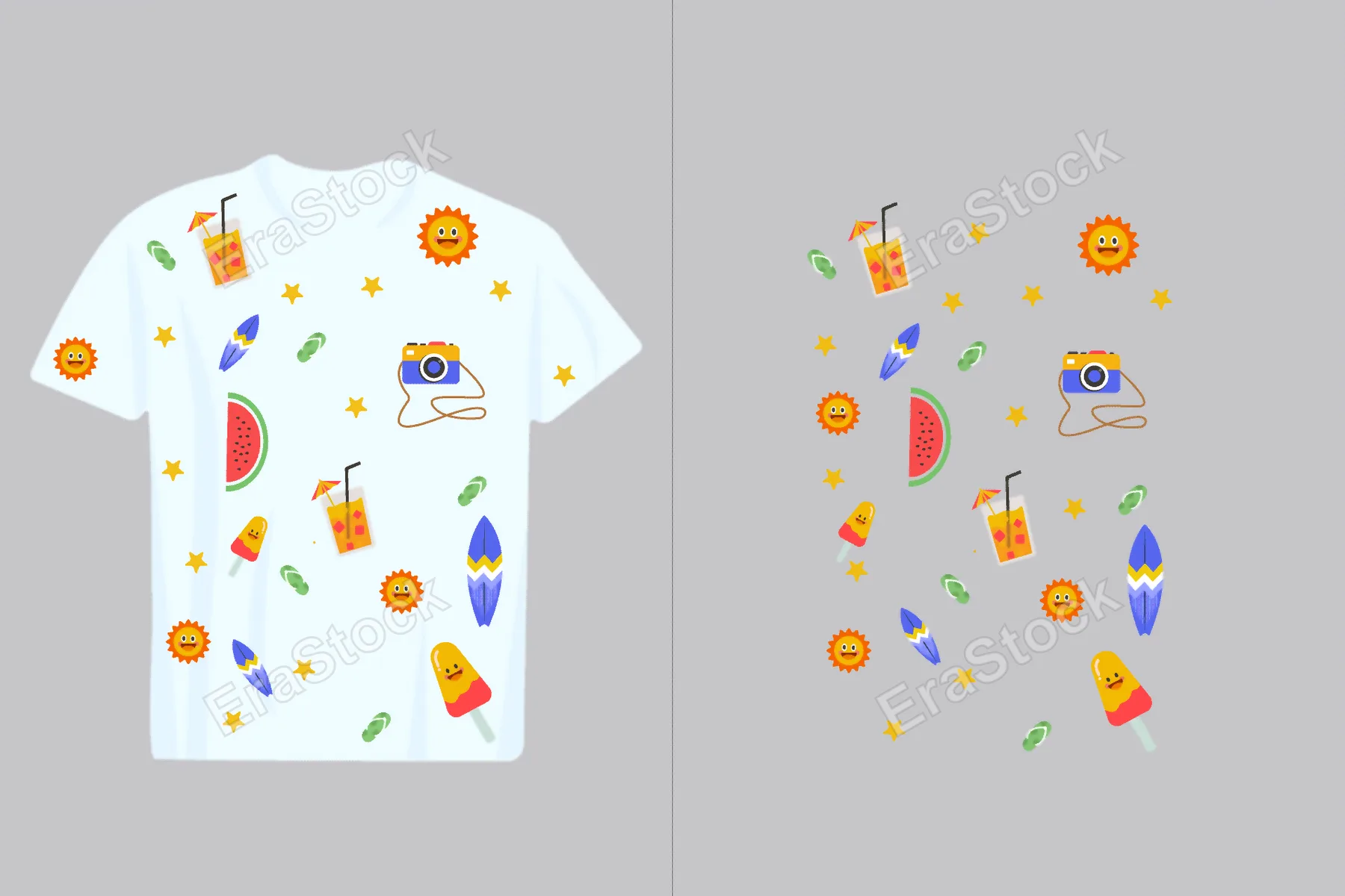 A white t-shirt adorned with a playful pattern of summer vacation icons like sun, drinks, and surfboards
