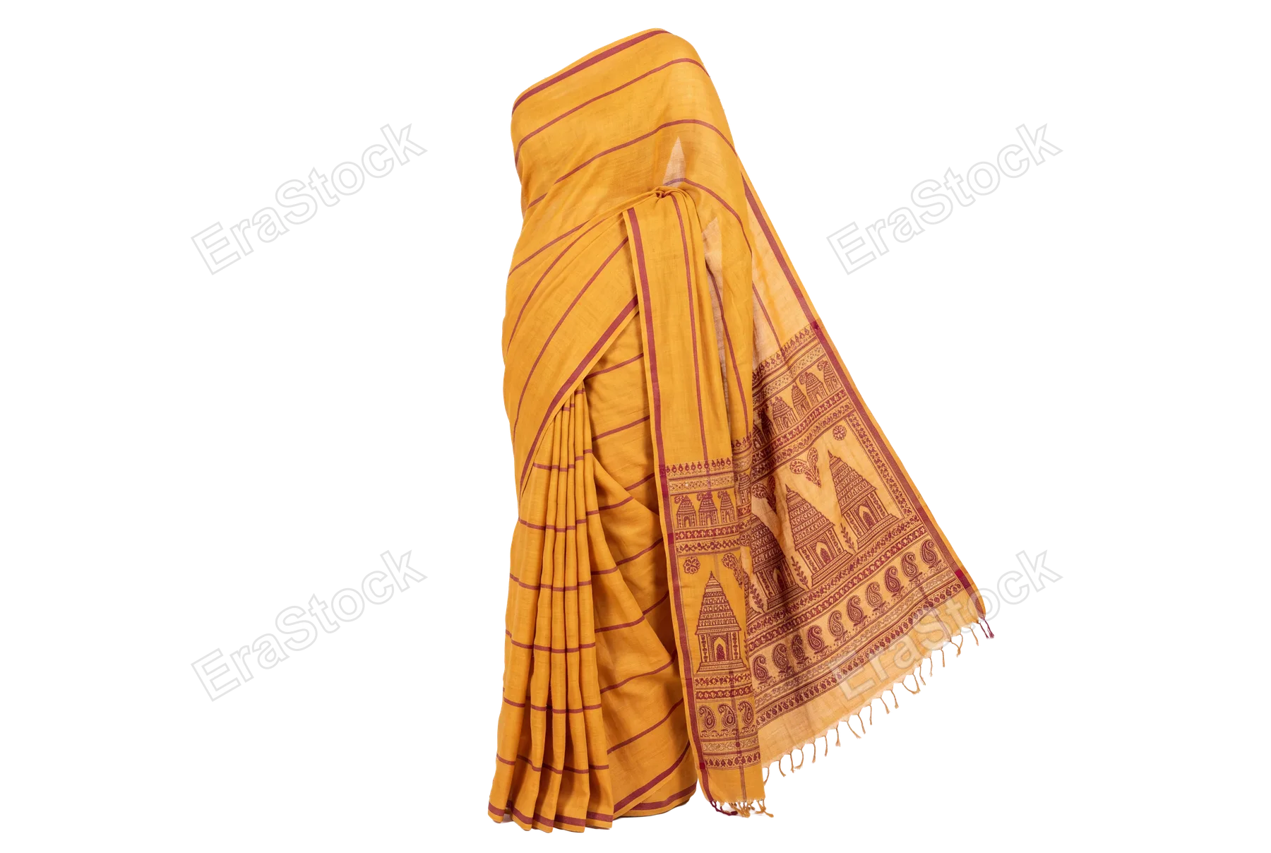 Handwoven linen sari in warm saffron yellow with burgundy silk stripe running through the length, fine drape shown with gathered folds, traditional temple motif