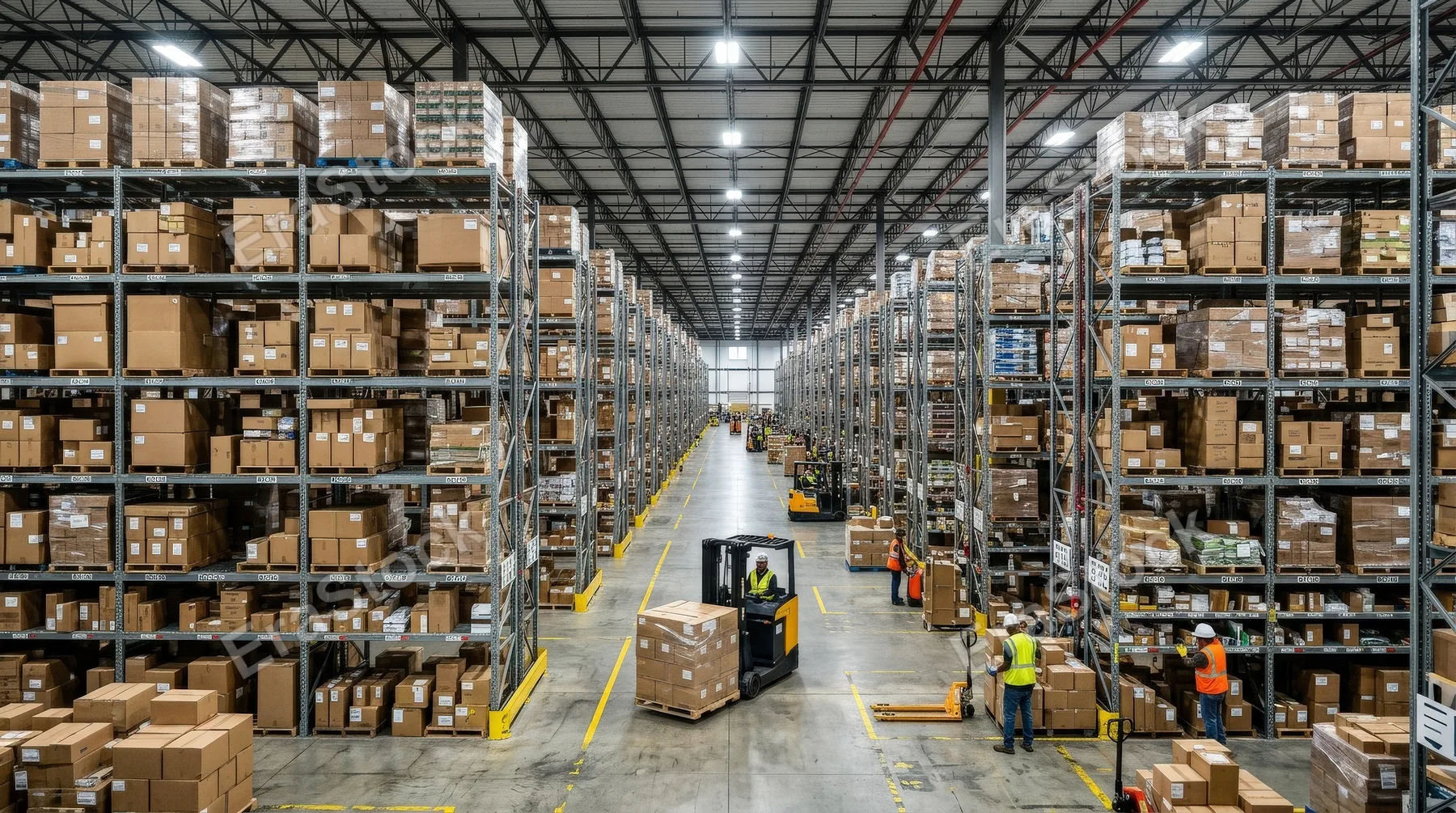 A vast logistics warehouse filled with boxes, parcels, and merchandise, long aisles, industrial shelving, bright overhead lights and an organized high-capacity atmosphere, ultra-realistic, no logos.