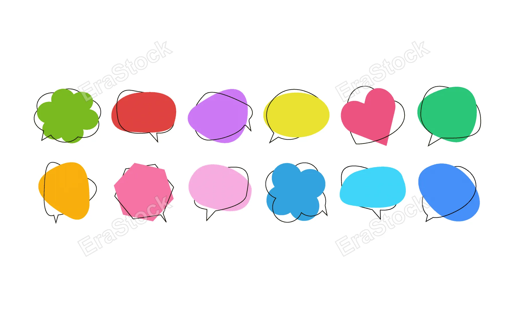 Collection of colorful, hand-drawn speech bubbles and thought clouds in various shapes