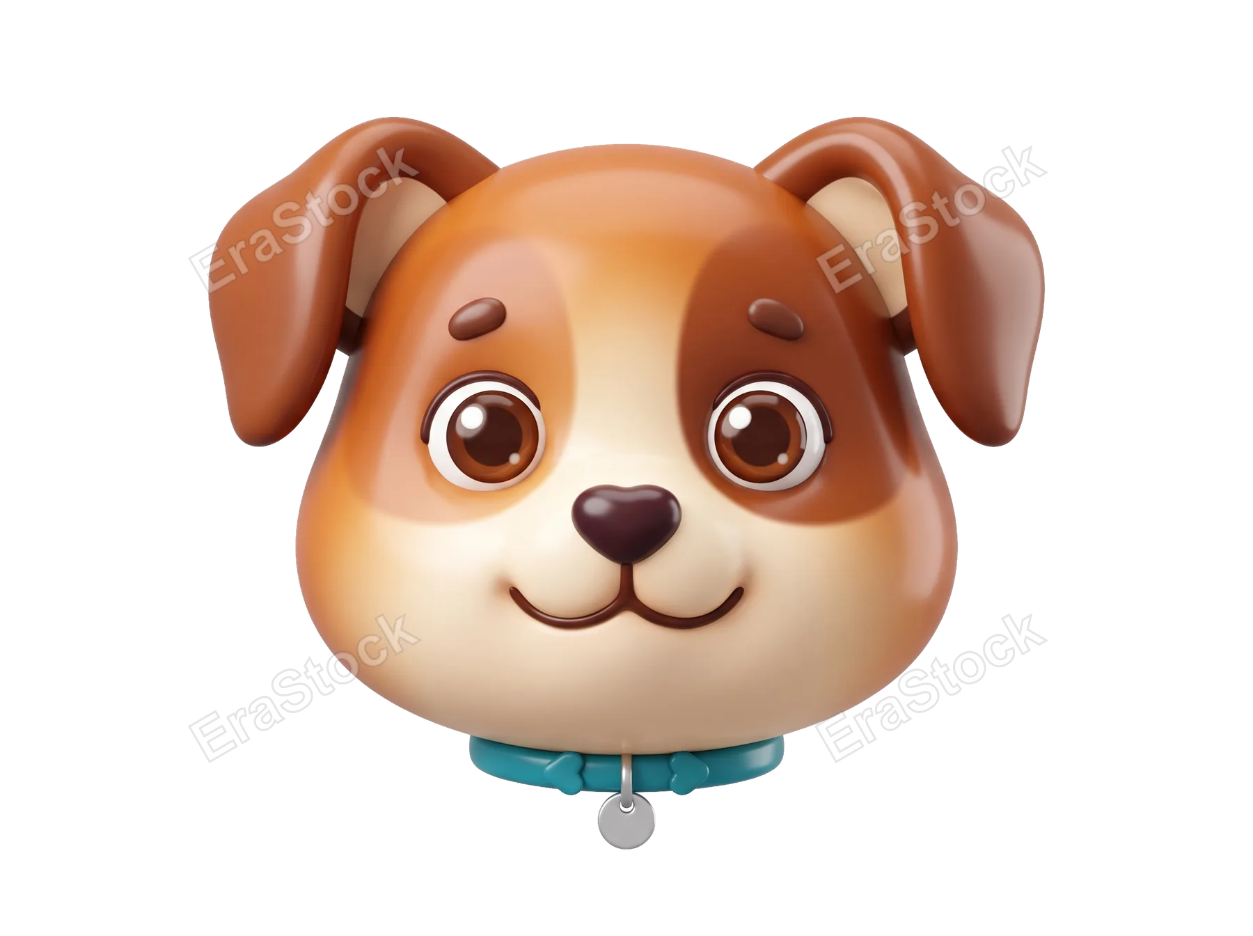 A charming 3D rendered illustration of a friendly puppy's head, featuring expressive eyes and a teal collar with a tag
