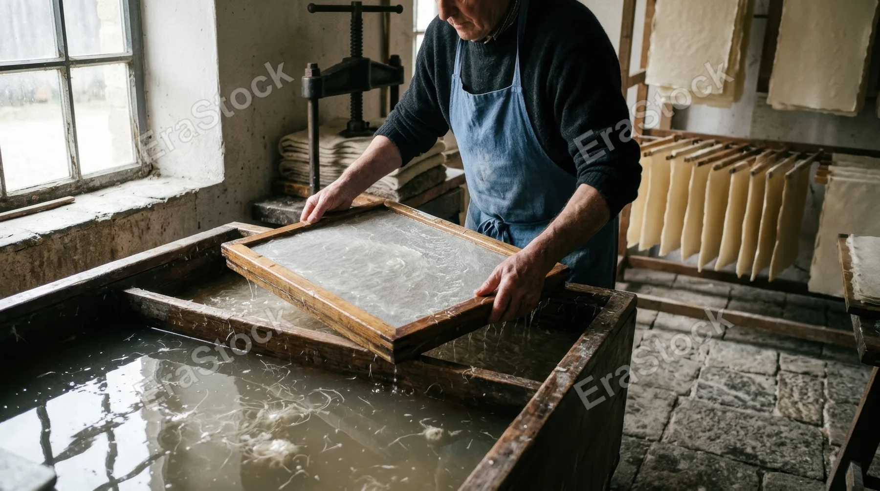 A traditional papermaker pulling a mould and deckle through a vat of pulp suspension in a stone-floored workshop, the wet sheet of nascent paper forming across the mesh