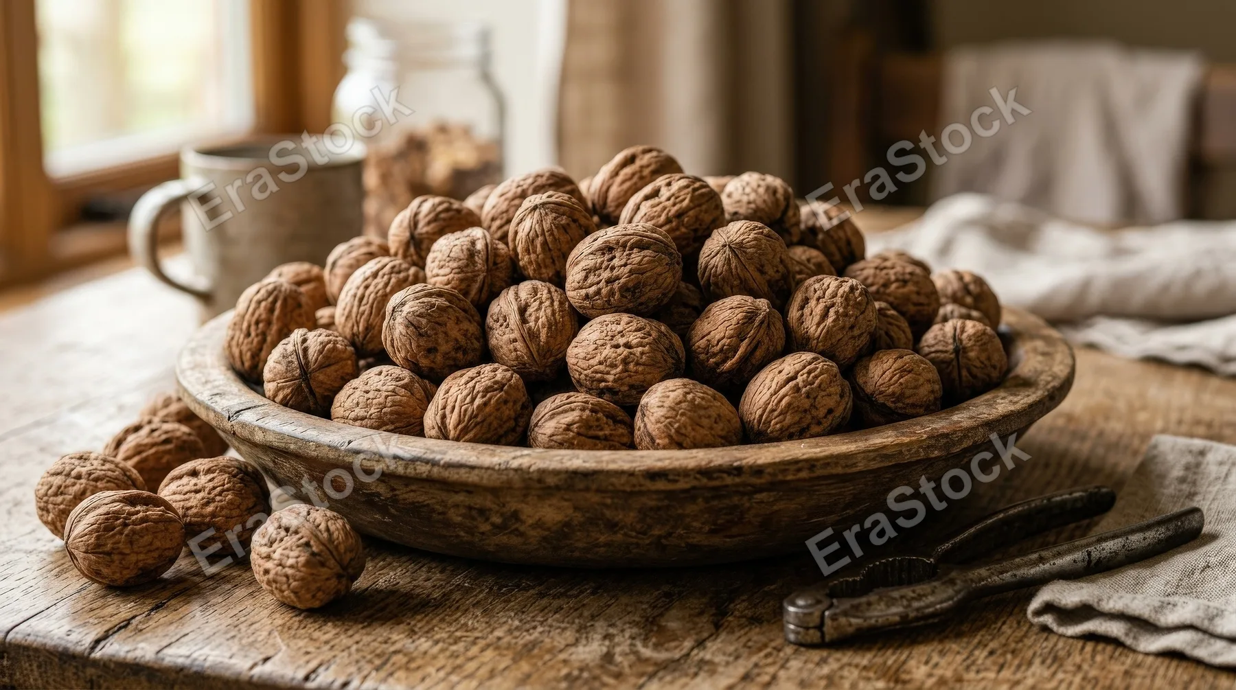 Whole walnuts in their shells piled naturally, earthy texture and wholesome rustic snack atmosphere, ultra-realistic, no logos.