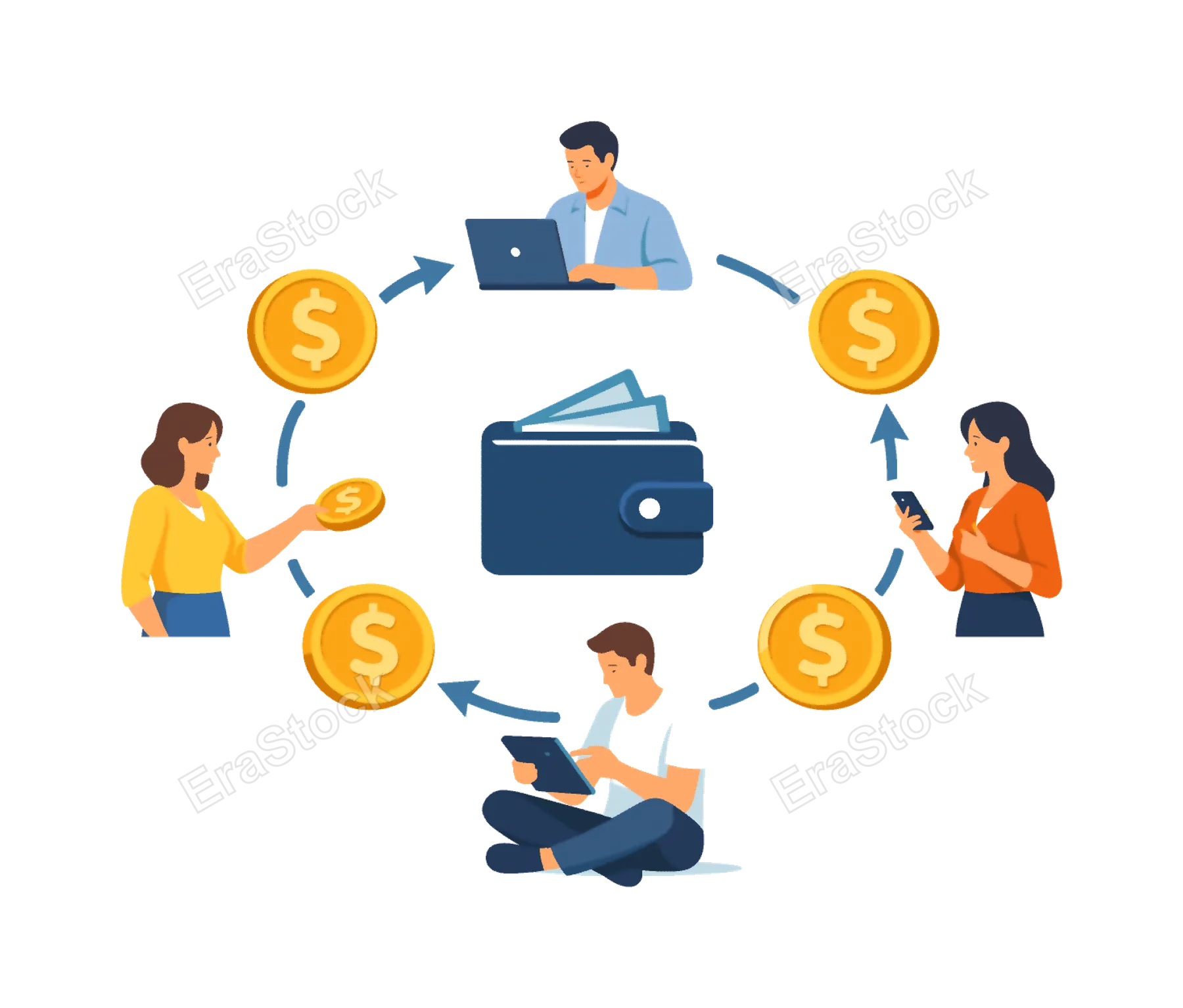 Economic exchange and financial movement in a modern digital economy environment, a group of coins forming a circular path connected by refresh arrows around a simple wallet symbol