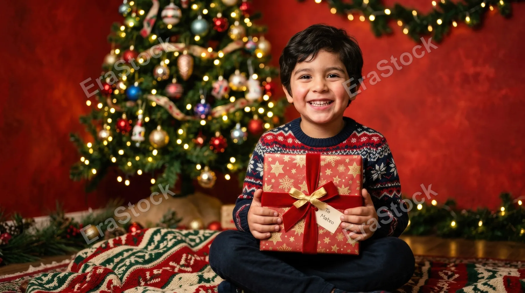 A happy Hispanic child holding a wrapped Christmas gift box, joyful smile, decorated tree behind, vivid red studio background, playful holiday excitement, ultra-realistic, no logos.