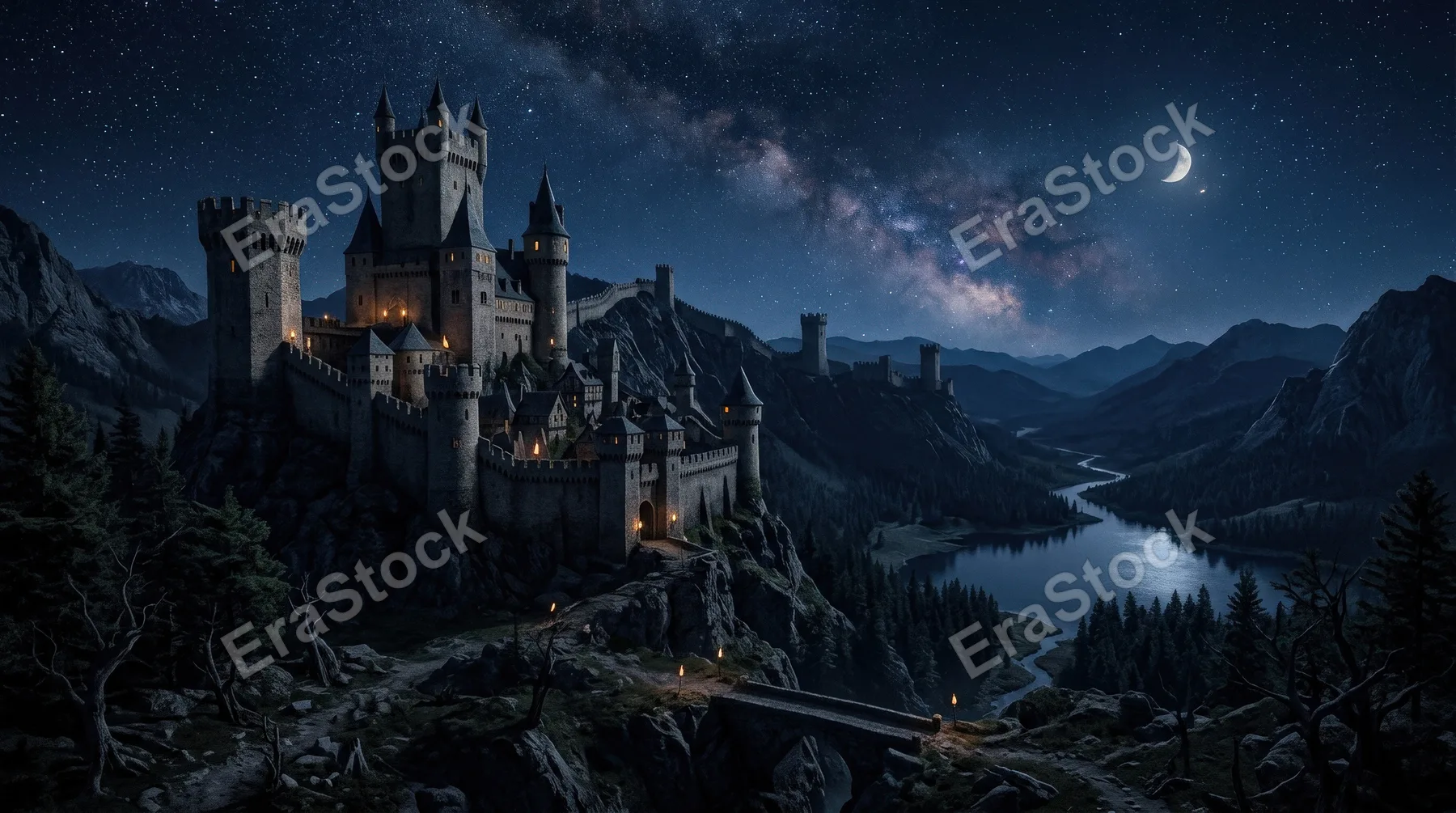 A night castle landscape under a deep sky, distant towers, mysterious medieval atmosphere, ultra-realistic, no logos.
