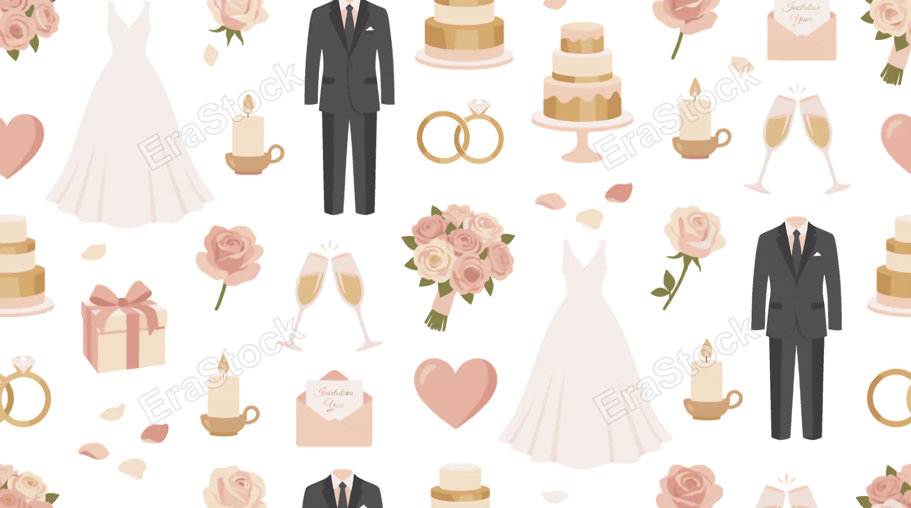 Wedding celebration seamless pattern for romantic event and bridal themes featuring bride dress, groom suit, wedding cake, ring, diamond ring, bouquet, rose, champagne glass, gift