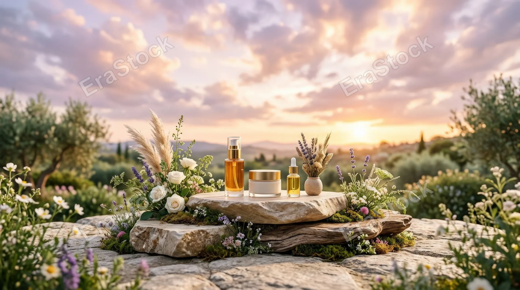 A natural beauty podium backdrop for product display beneath a dreamy sky, romantic clouds, soft glow, serene luxurious atmosphere, ultra-realistic, no logos.