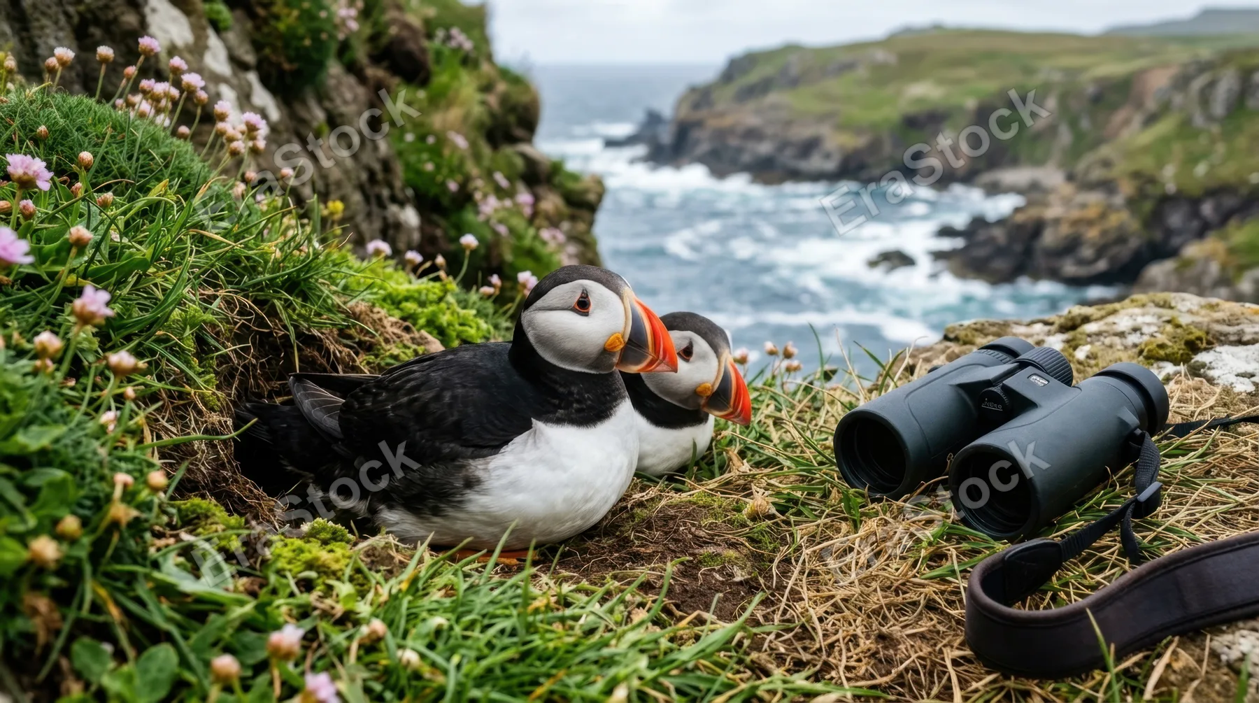 a close-up detail of atlantic puffins resting on their cliffside nests, highlighting their colorful beaks and distinctive markings against lush green grass. the texture