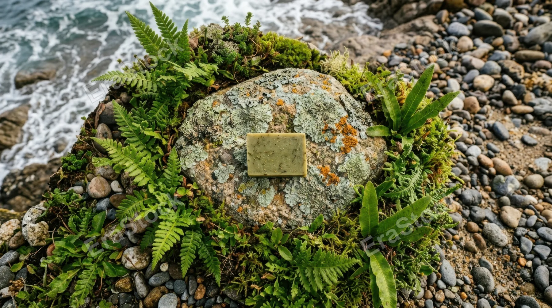 a captivating overhead view of the soap bar and lichen-covered stone, with ferns creating a natural frame around the scene. the warm and inviting light casts soft shadows