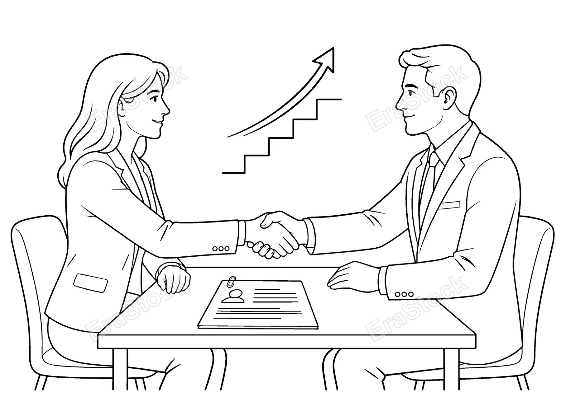 A man and woman in business attire shake hands across a table, symbolizing a successful agreement or job offer with upward career progression