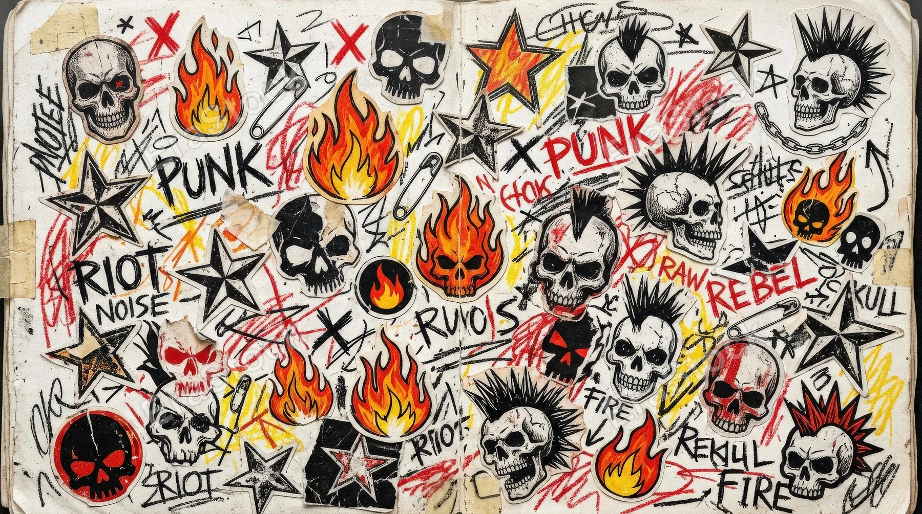 A punk rock sticker pattern with fire, star and skull icons, scrapbook cutout layering and rough crayon scribbles, bold youthful music mood, ultra-realistic, no logos.