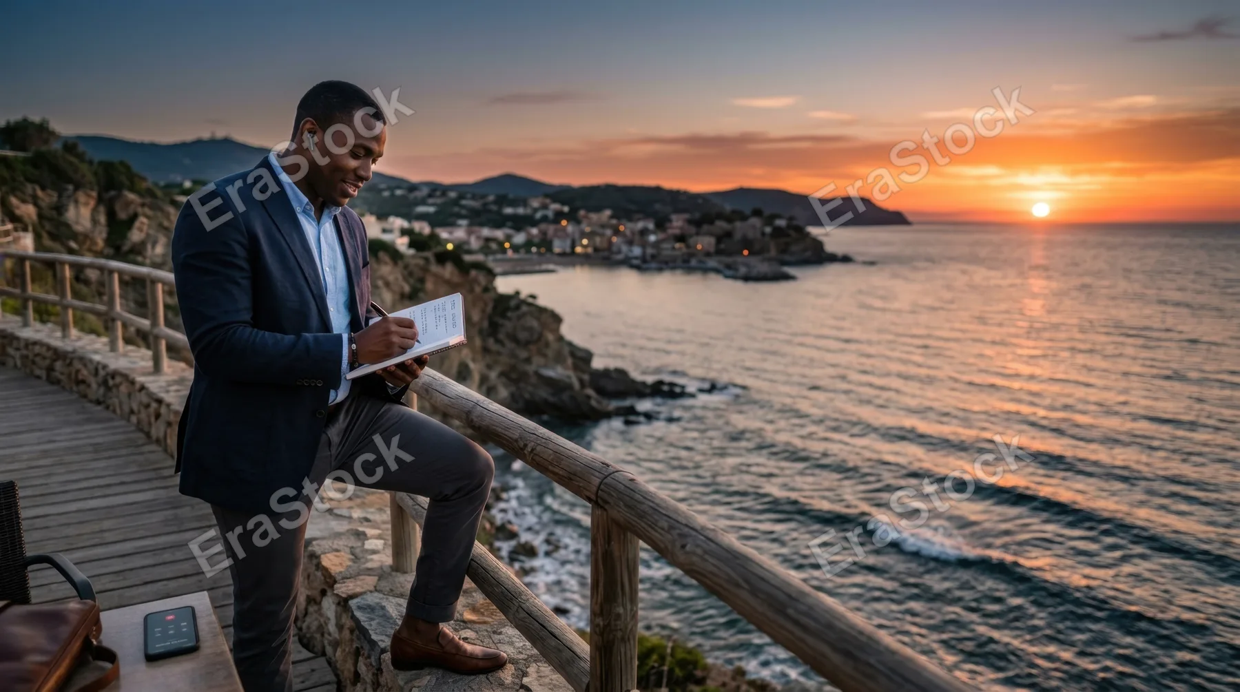 a 31-year-old black male consultant, dressed in smart casual attire, takes notes on a notepad while on a call by the seaside during an enchanting summer evening. he