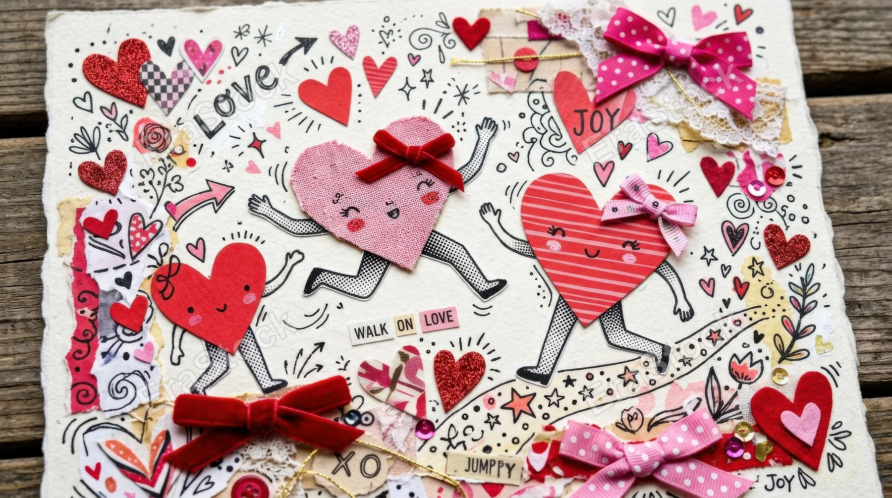 A playful collage set of red and pink hearts with halftone legs jumping and walking, bows, doodles and whimsical romantic mixed-media energy, ultra-realistic, no logos.