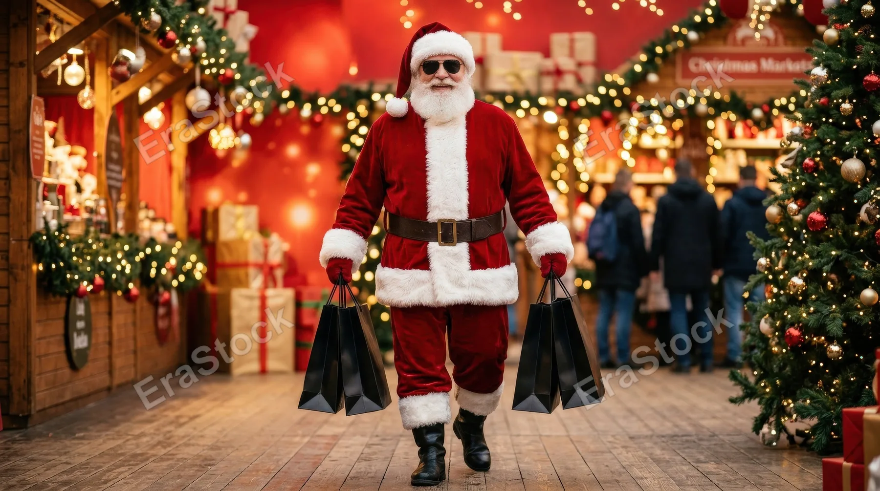 Santa Claus wearing sunglasses and holding two black shopping bags on a red festive background, bold holiday sales attitude, stylish seasonal retail mood, ultra-realistic, no logos.