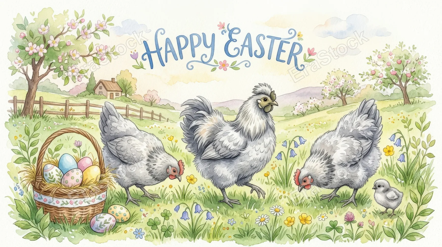 A whimsical watercolor set of cute grey chickens, fluffy feathers and gentle spring details with soft grassy accents, cheerful Easter greeting atmosphere, ultra-realistic, no logos.