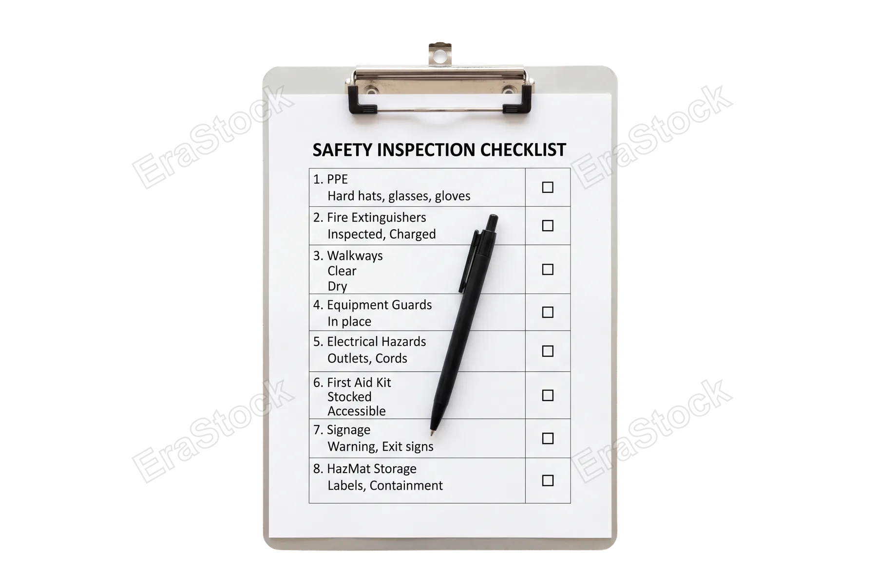 Safety engineer clipboard with checklist form, silver metal clip, white paper with typed safety inspection items, black ballpoint pen resting on top, isolated