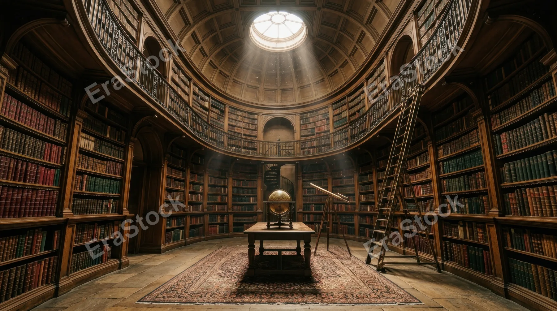 A centuries-old library interior with no people, floor-to-ceiling dark oak shelves curving around an oval reading room, thousands of leather-bound volumes in deep