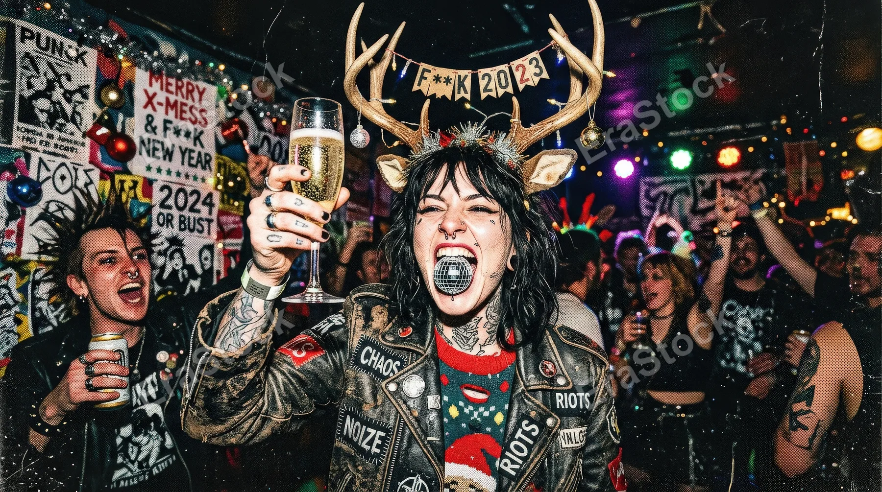 A gritty Christmas and New Year set with champagne toast disco ball mouth and deer antlers, stippled punk collage texture, festive rebellious mood, ultra-realistic, no logos.