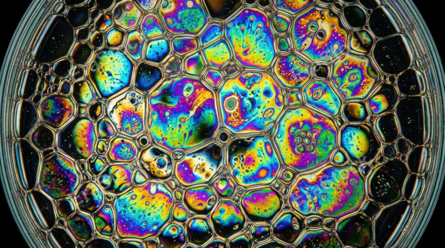 Abstract macro of oil and water emulsion in a shallow dish under polarized light, psychedelic interference colors blooming across irregular bubble formations, each oil